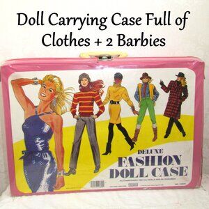 BARBIE CLOTHES & DOLLS LOT in CARRY CASE CLOSET, 2 BARBIES w GLORIOUS HAIR, 1976